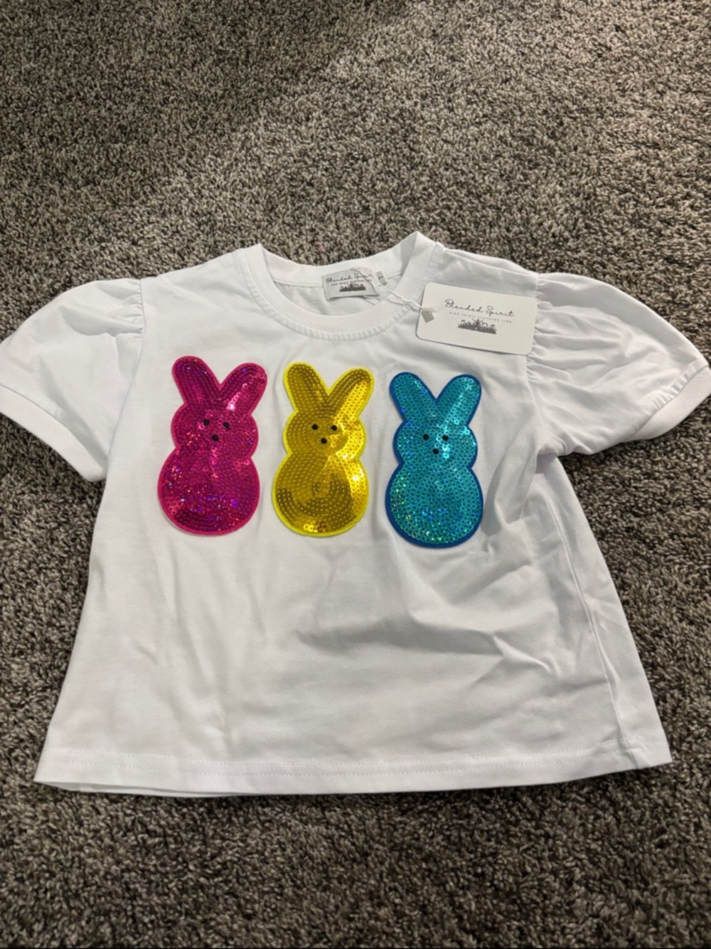 White Kids Tee with Pink, Yellow & Blue Sequin Bunnies